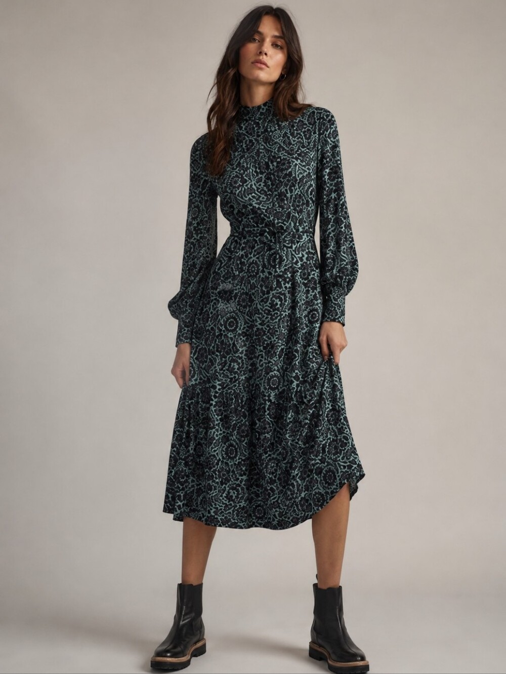BODEN Long Sleeve High Neck Smocked Detail Belted Midi Dress Folk Floral Size 10